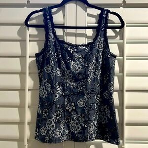 WHBM Silver & Black Floral Tank, Lace Trim